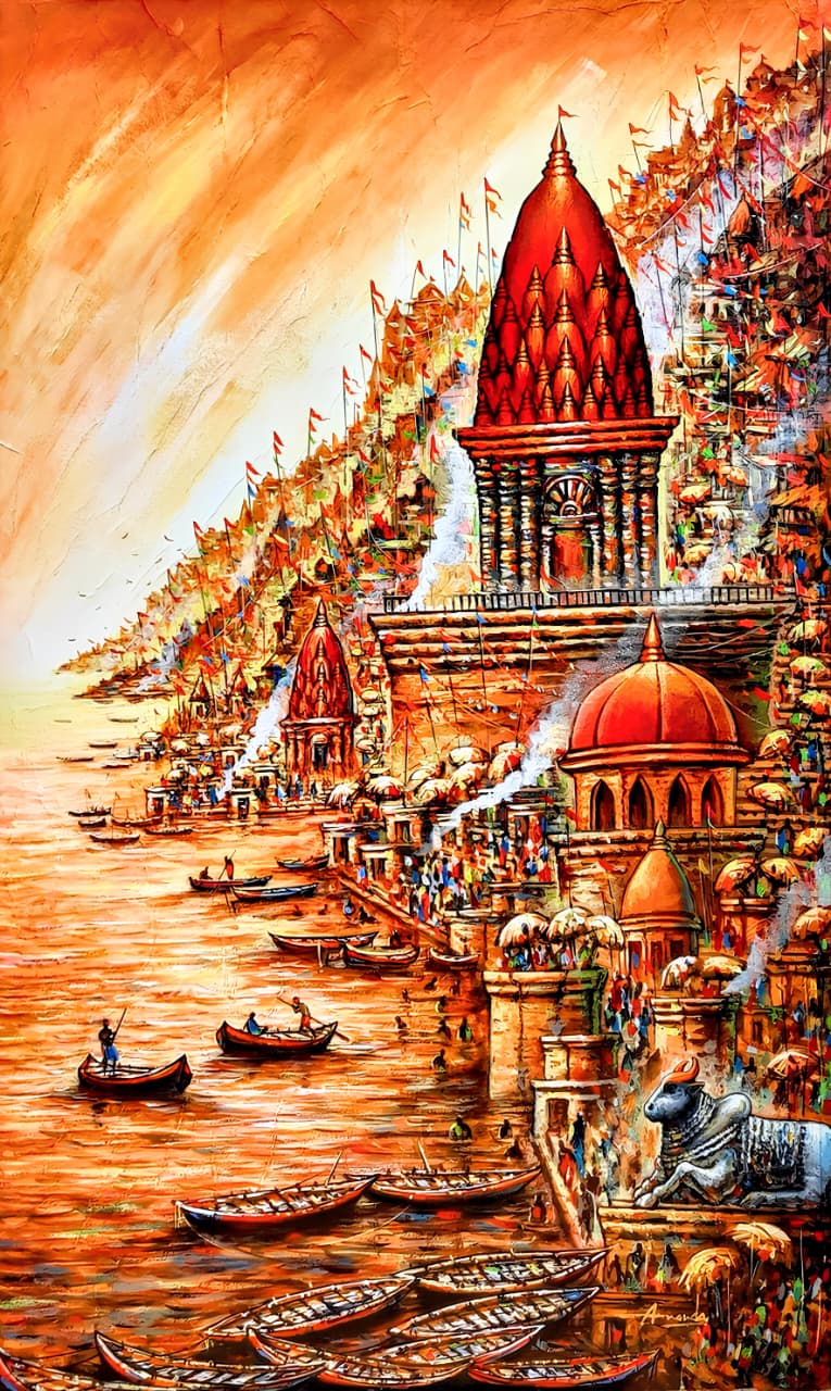 A vertical contemporary painting of Banaras ghats by Ananda Das featuring orange and red temples, boats on the Ganges, and a Nandi bull