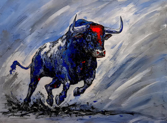 A textured contemporary painting of a charging blue bull with a red mark on its forehead by artist Ananda Das