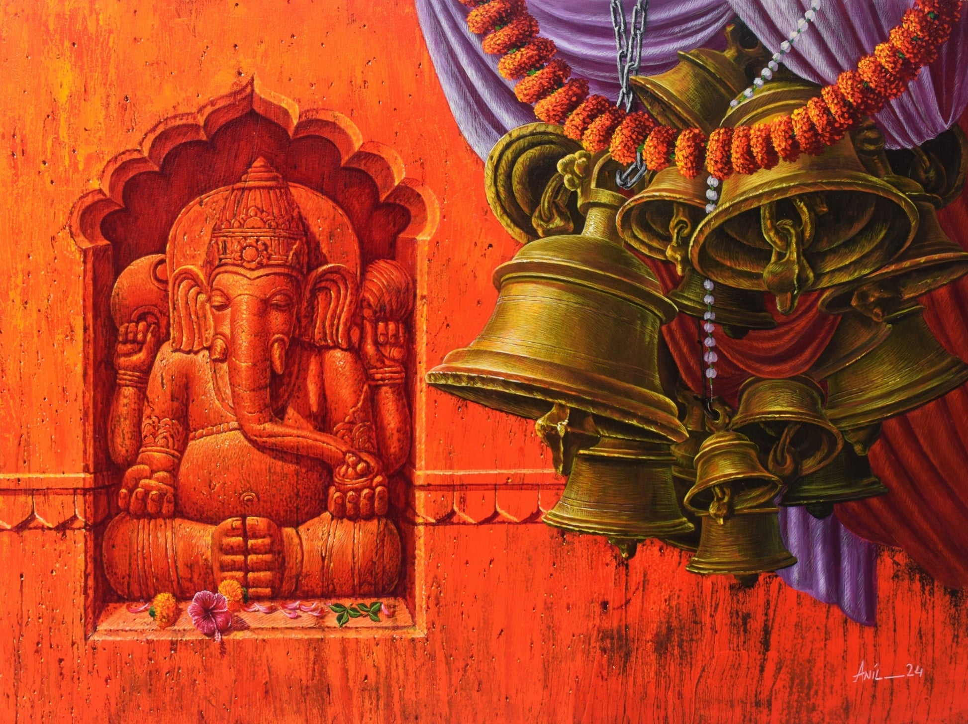 Original acrylic on canvas painting titled Aradhana 77 by Anil Kumar Yadav featuring a stone-carved Lord Ganesha and golden temple bells on a vibrant orange background.