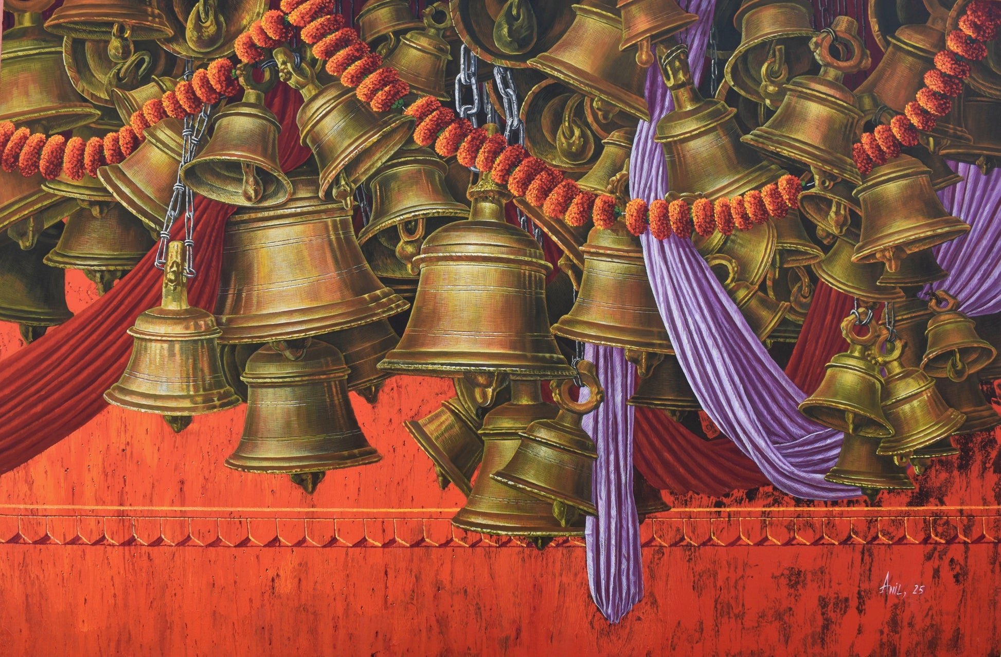 Original acrylic on canvas painting titled Aradhana 93 by Anil Kumar Yadav, featuring a dense horizontal cluster of golden temple bells and marigold garlands against a red background