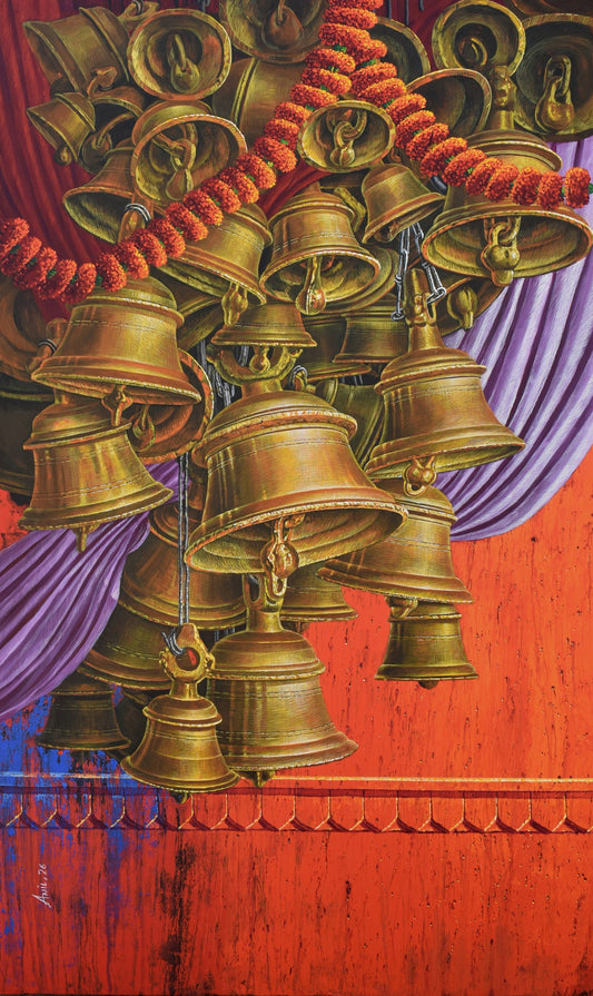 Original acrylic on canvas painting titled Aradhana 96 by Anil Kumar Yadav, featuring a vertical arrangement of golden temple bells and marigold garlands against a red wall.