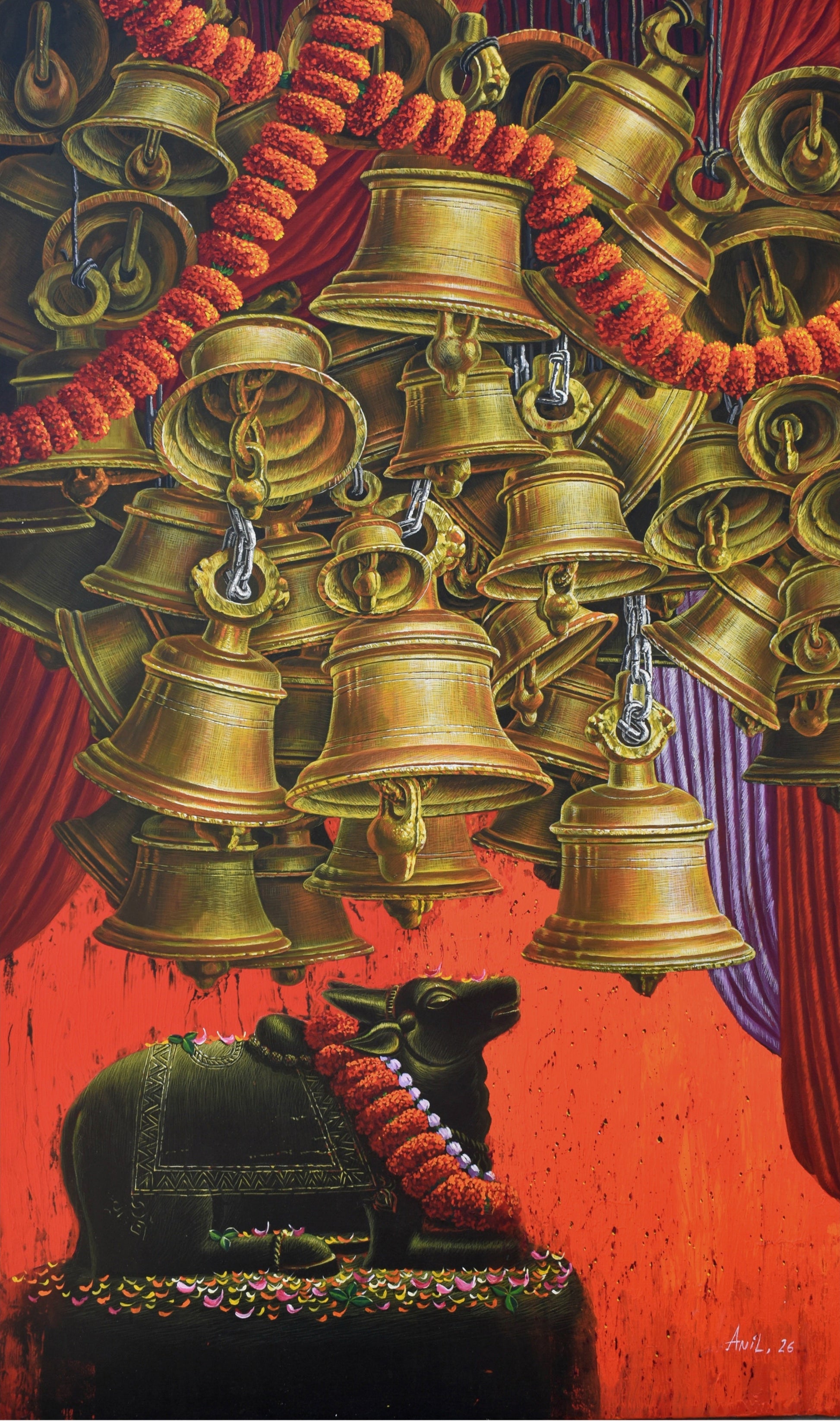 Original acrylic painting Aradhana by Anil Kumar Yadav featuring golden temple bells, marigold garlands, and a black Nandi bull against a red background.