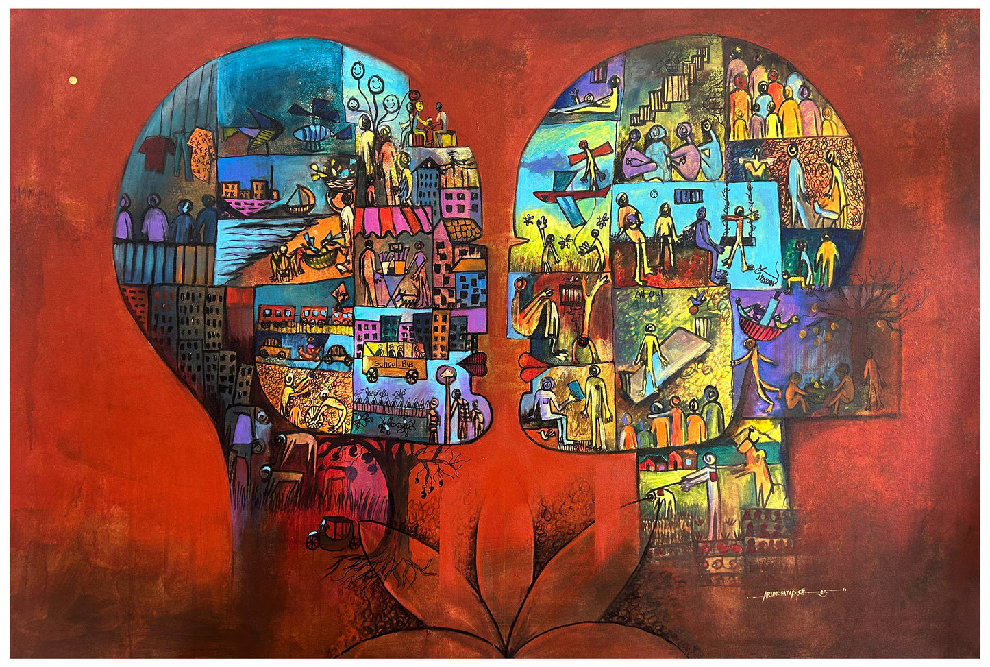 Original mixed media painting by Arundhati Pise titled Between of Two, featuring two silhouettes facing each other filled with colorful life scenes against a red-orange background.