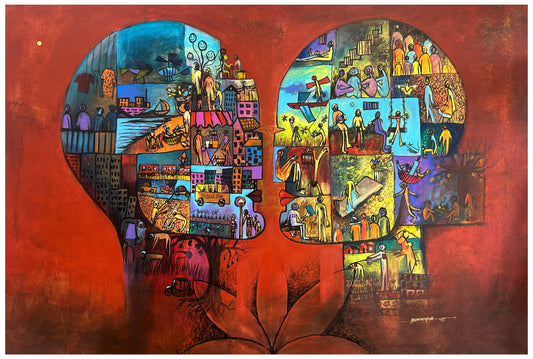 Original mixed media painting by Arundhati Pise titled Between of Two, featuring two silhouettes facing each other filled with colorful life scenes against a red-orange background.