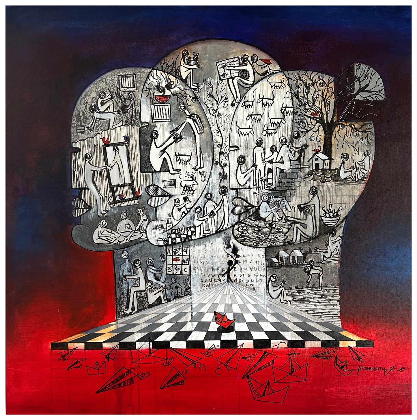 Original mixed media painting by Arundhati Pise titled Trimurthee, featuring three overlapping silhouettes filled with detailed life scenes above a checkered floor and paper planes.