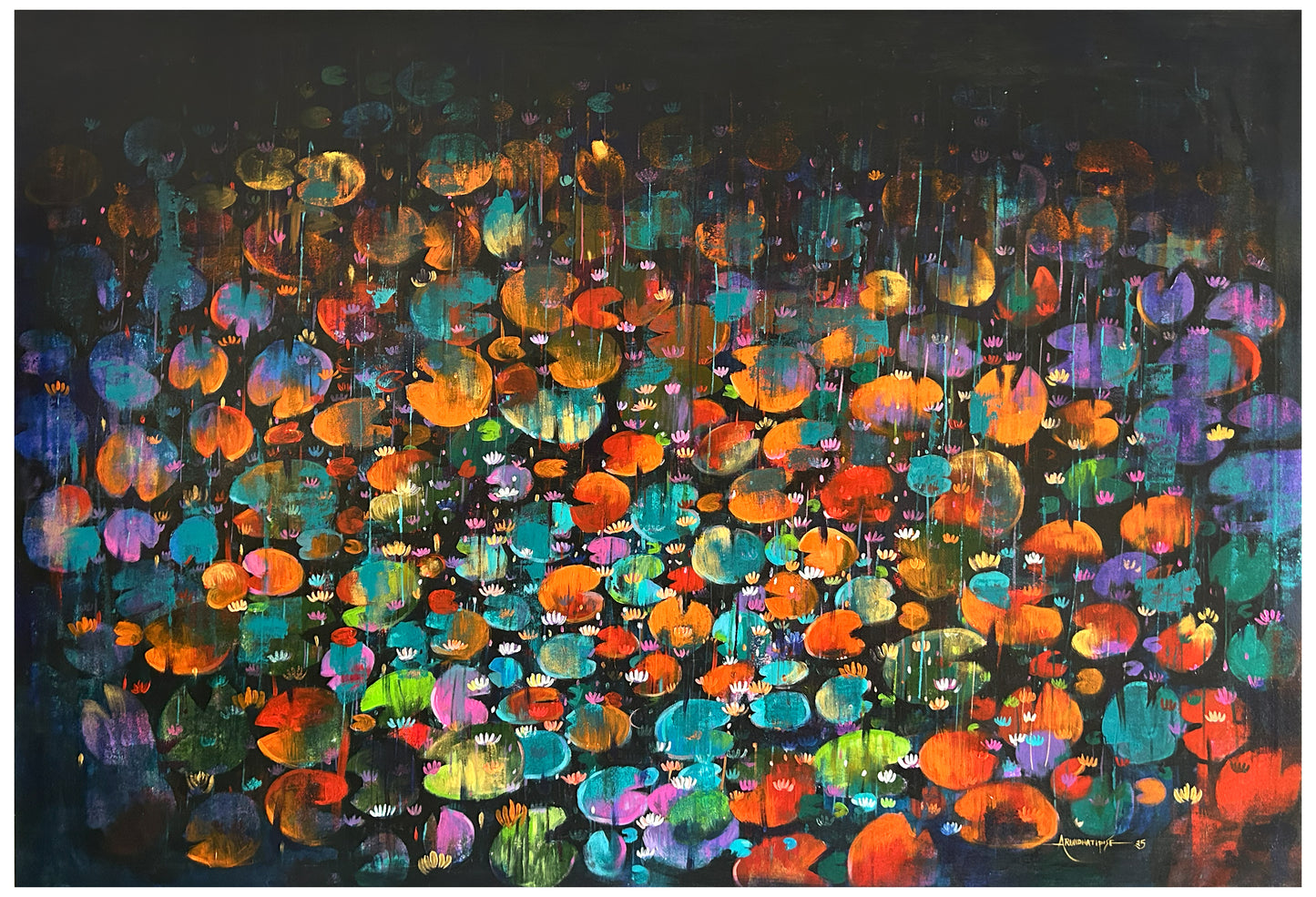 Original semi-abstract painting titled Waterlily by Arundhati Pise featuring vibrant orange, green, and blue lily pads on a dark background with vertical textural drips