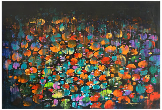 Original semi-abstract painting titled Waterlily by Arundhati Pise featuring vibrant orange, green, and blue lily pads on a dark background with vertical textural drips