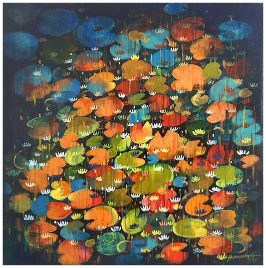 Original semi-abstract painting of a Waterlily Pond by Arundhati Pise featuring vibrant orange, green, and blue lily pads on a dark background with small white and yellow flowers