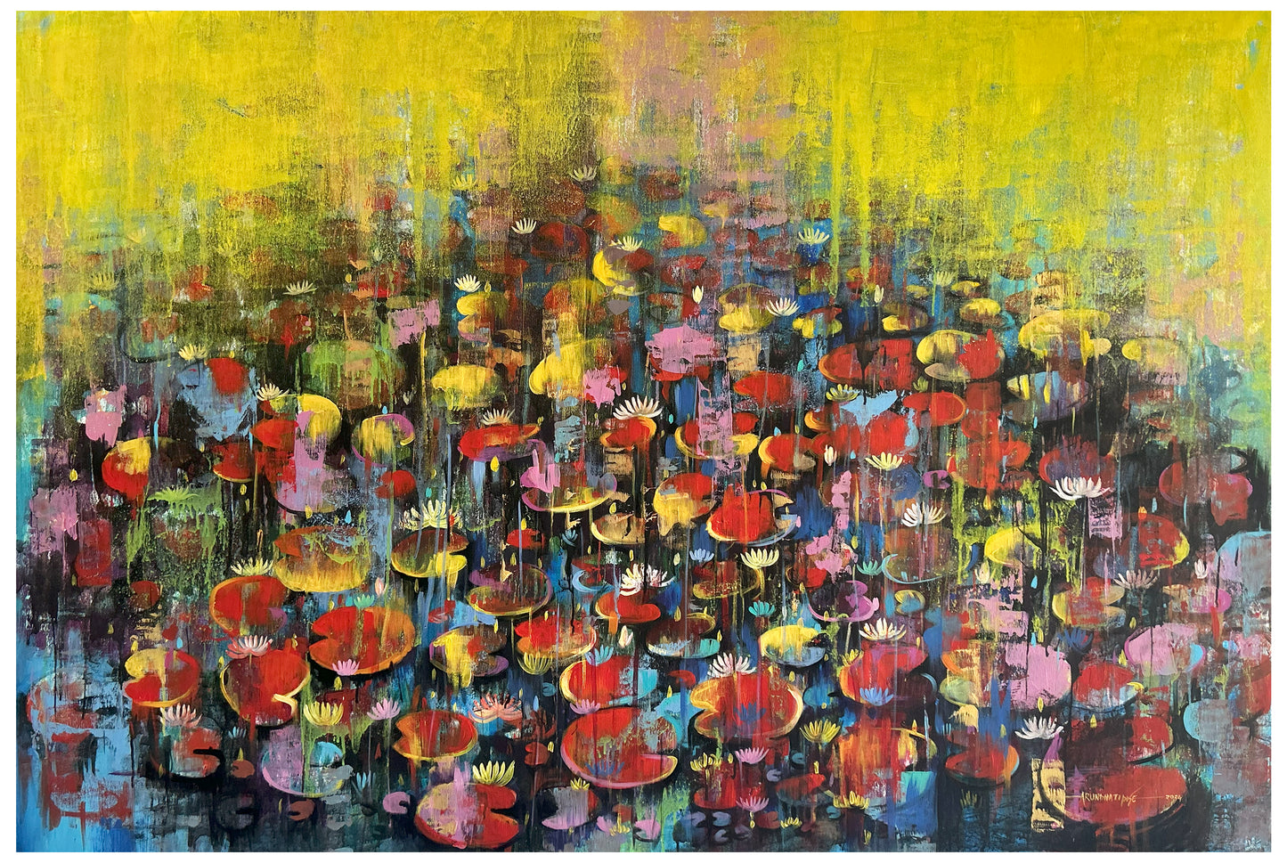 Original semi-abstract painting by Arundhati Pise titled Waterlily, featuring a bright yellow upper half and a lower half filled with red, pink, and blue lily pads and vertical paint drips.