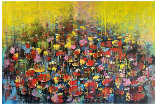 Original semi-abstract painting by Arundhati Pise titled Waterlily, featuring a bright yellow upper half and a lower half filled with red, pink, and blue lily pads and vertical paint drips.