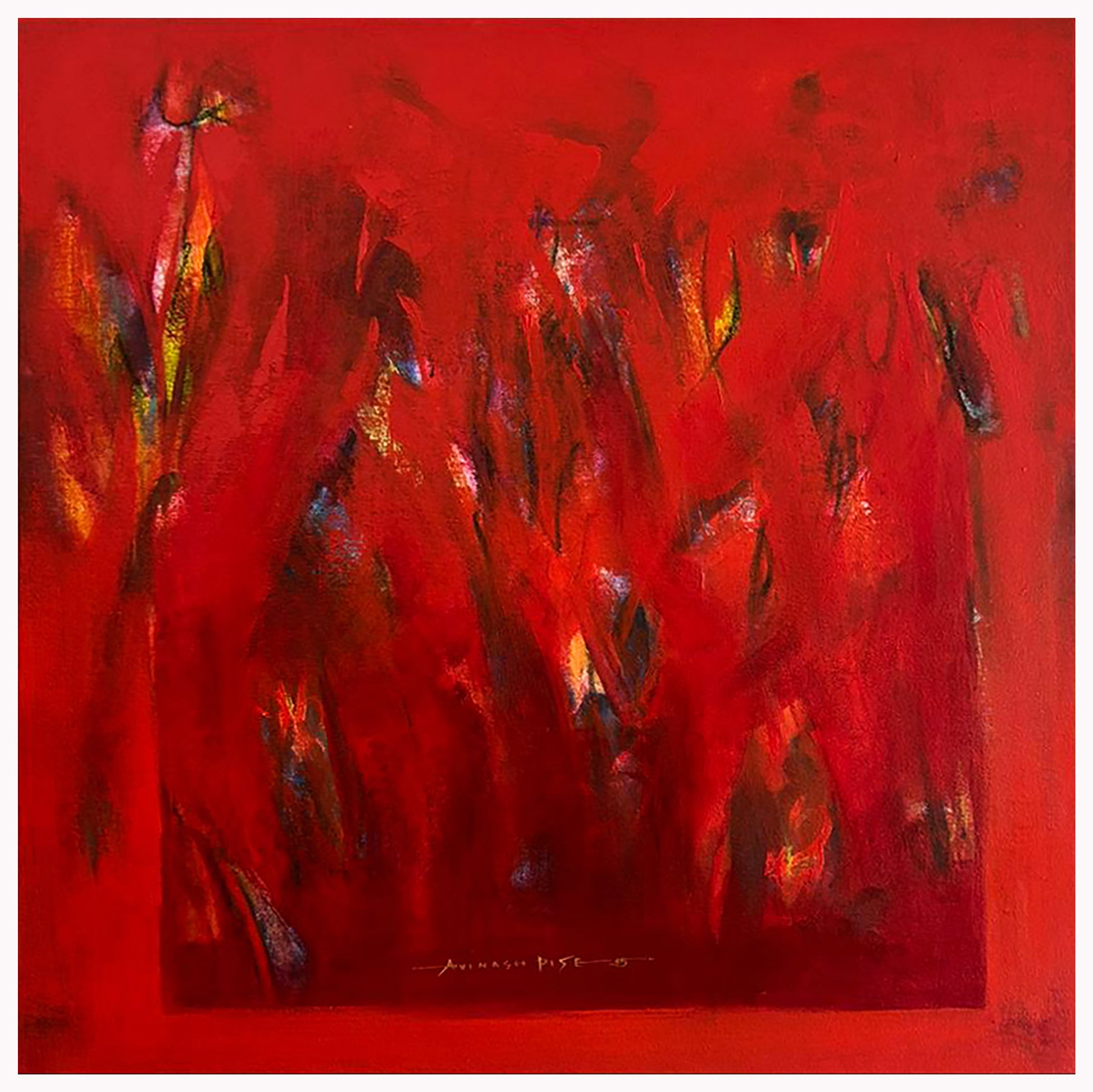 Original square abstract painting titled Ember Ground by Avinash Pise, featuring vibrant red textures and a central rectangular composition with gestural vertical marks.