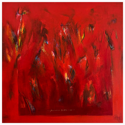 Original square abstract painting titled Ember Ground by Avinash Pise, featuring vibrant red textures and a central rectangular composition with gestural vertical marks.