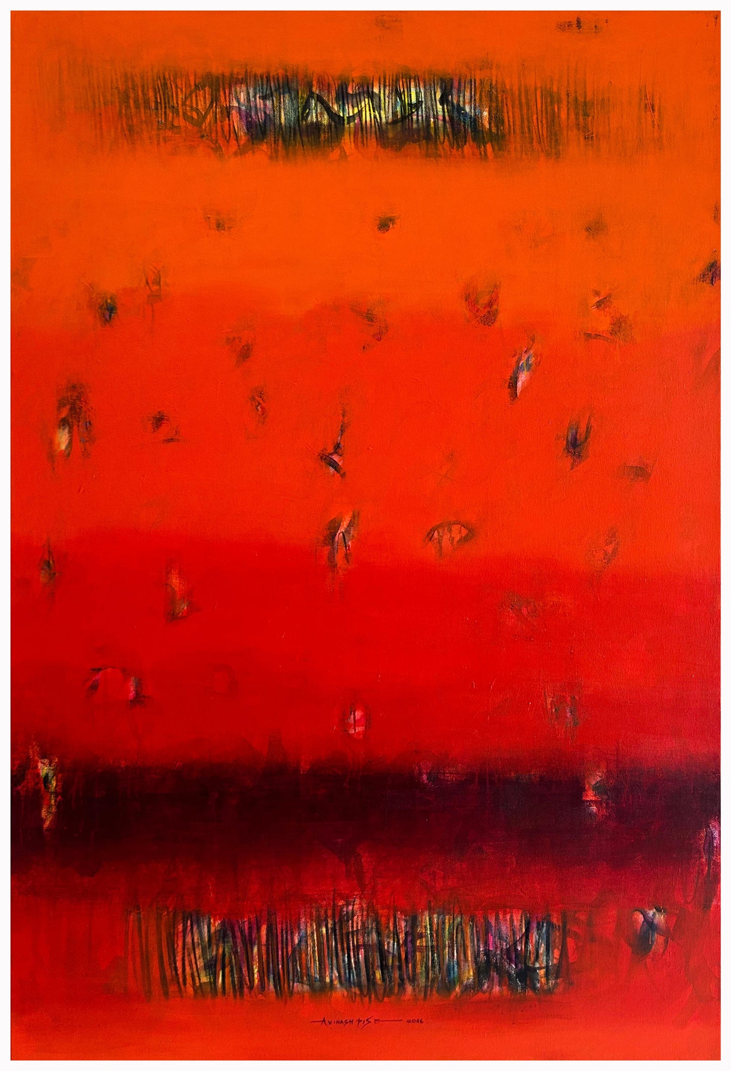 A vertical abstract painting titled Heart of Ember by Avinash Pise, featuring a vibrant red and orange gradient with dark textured horizontal bands.