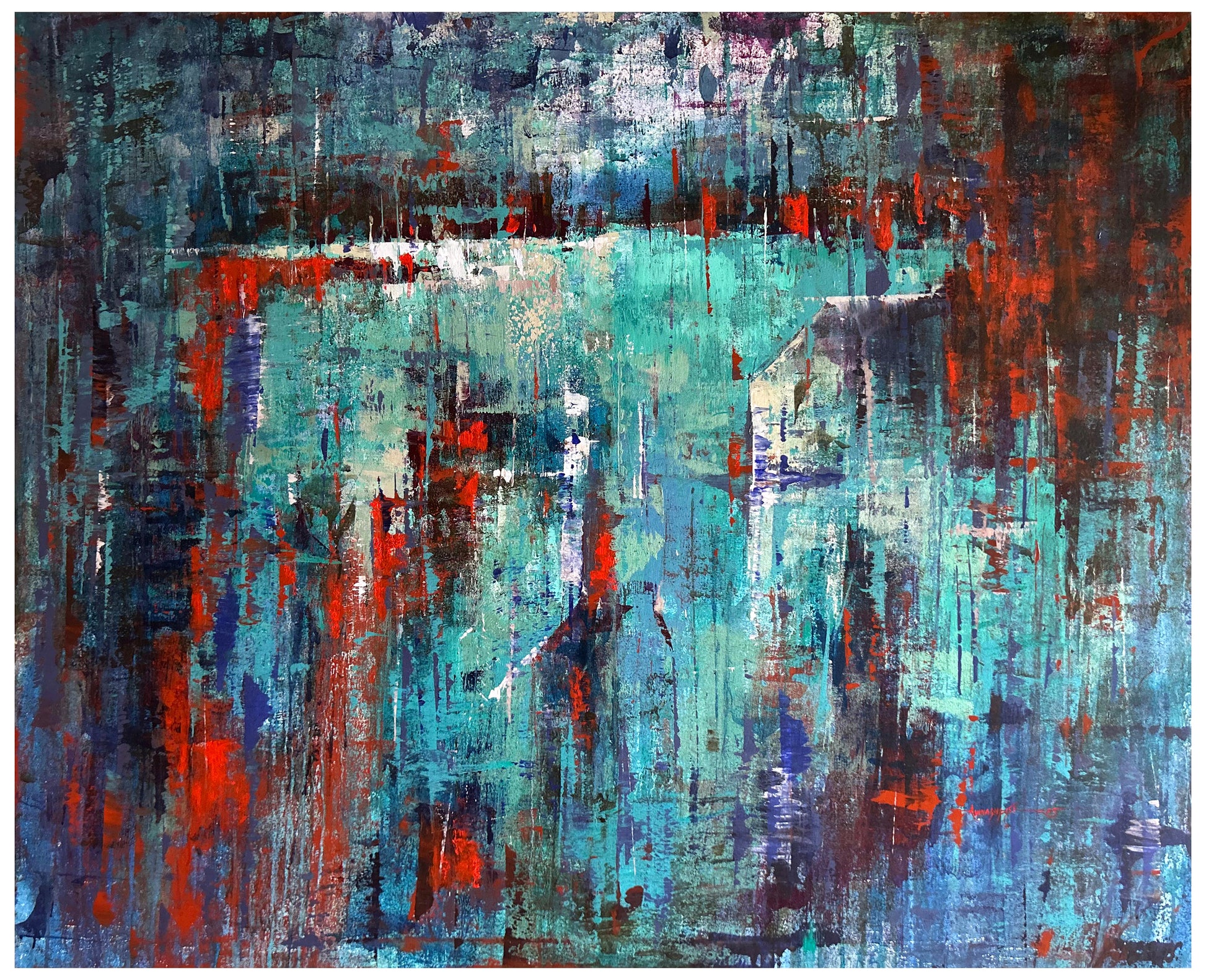 A large horizontal abstract painting titled Light of Hope by Avinash Pise, featuring a textured field of teal and blue with a bright central horizontal light and red accents.