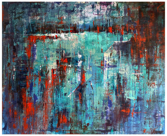 A large horizontal abstract painting titled Light of Hope by Avinash Pise, featuring a textured field of teal and blue with a bright central horizontal light and red accents.