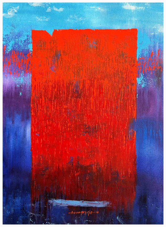 A large vertical abstract painting by Avinash Pise titled Silent Collision, featuring a textured bright red rectangular form centered on a blue and purple gradient background.