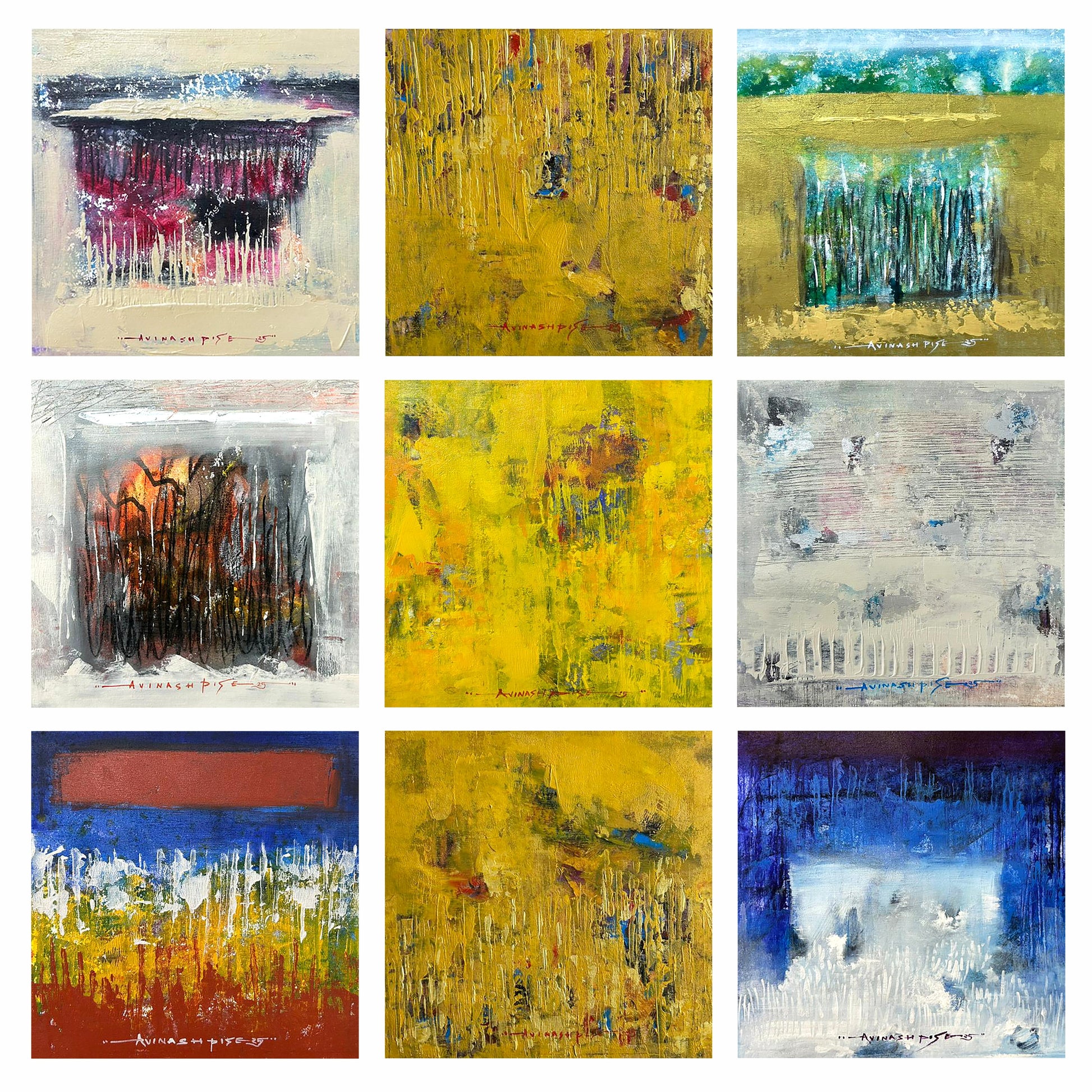 A grid of nine individual square abstract paintings by Avinash Pise, titled Terrain Studies, showing various colors including yellow, blue, red, and gray with heavy textures.