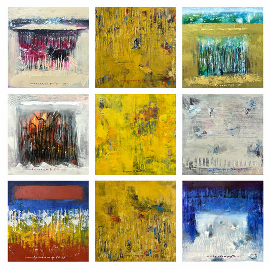 A grid of nine individual square abstract paintings by Avinash Pise, titled Terrain Studies, showing various colors including yellow, blue, red, and gray with heavy textures.