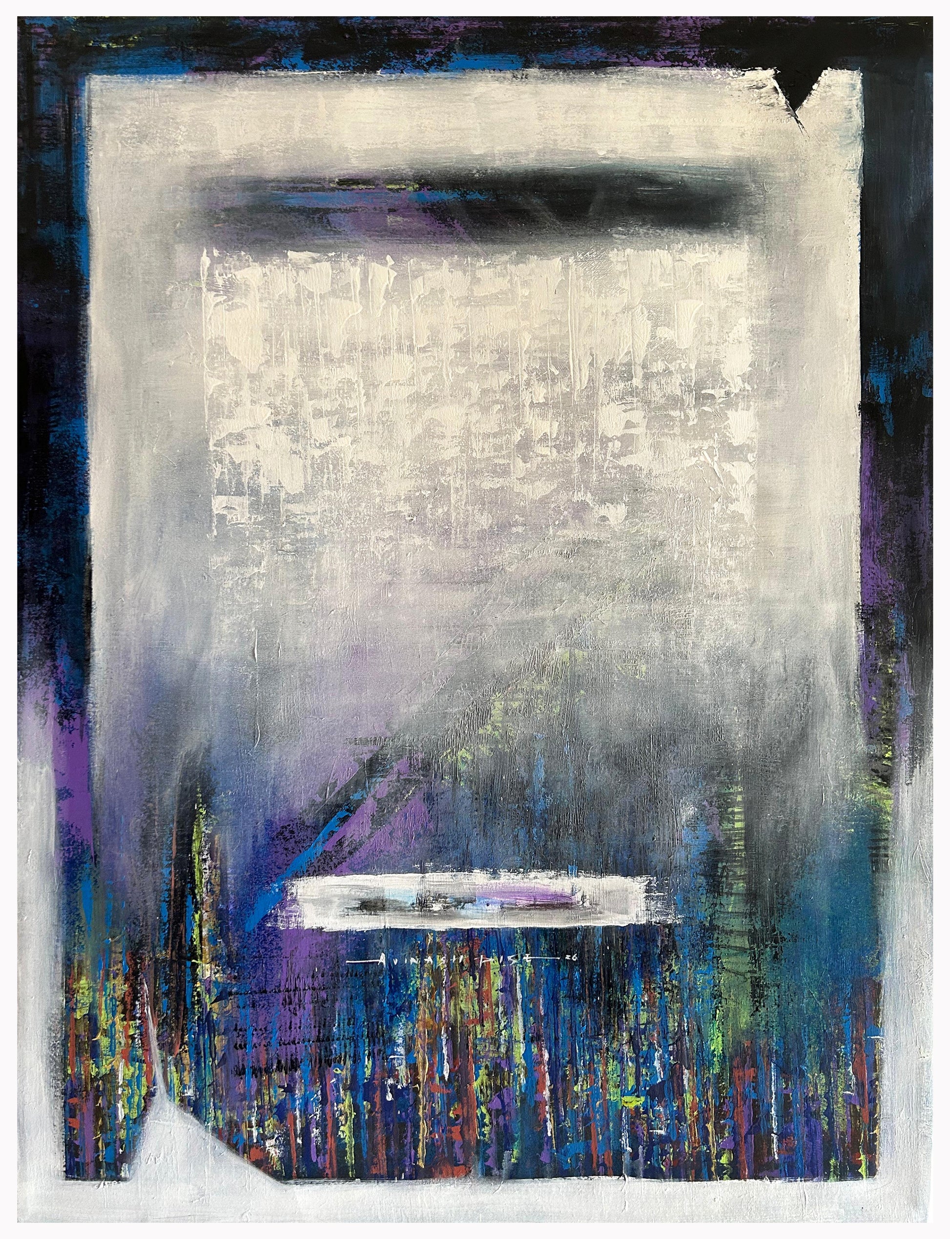 A vertical abstract painting titled Threshold of Calm by Avinash Pise, featuring a central light grey textured area framed by dark purple and indigo borders.