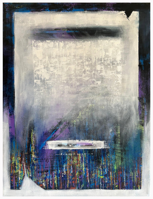 A vertical abstract painting titled Threshold of Calm by Avinash Pise, featuring a central light grey textured area framed by dark purple and indigo borders.