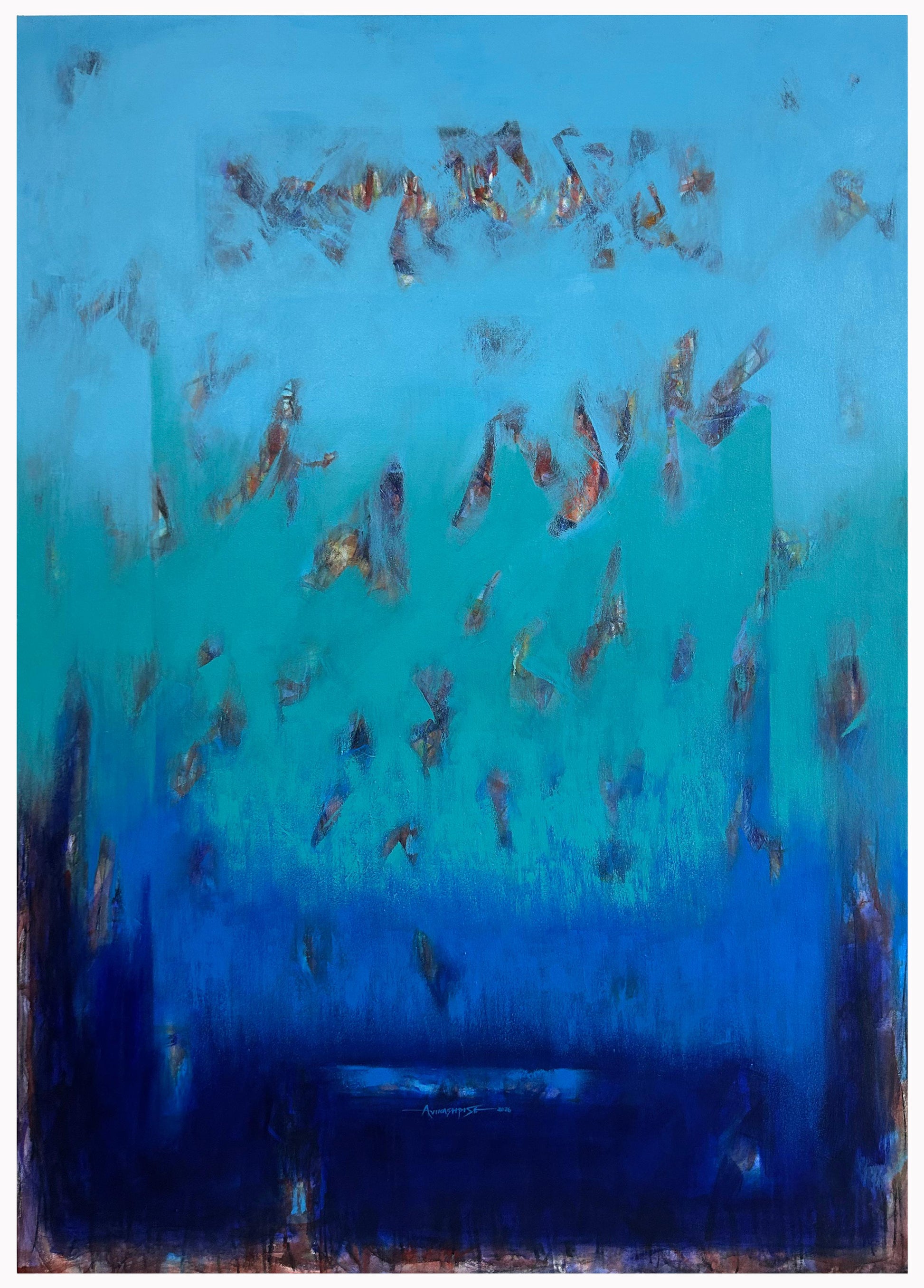 Large-scale vertical abstract painting titled Whispers of Butterflies by Avinash Pise, featuring a blue-to-navy gradient with multicolored gestural textures.
