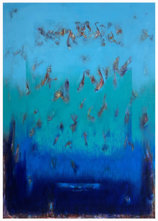 Large-scale vertical abstract painting titled Whispers of Butterflies by Avinash Pise, featuring a blue-to-navy gradient with multicolored gestural textures.