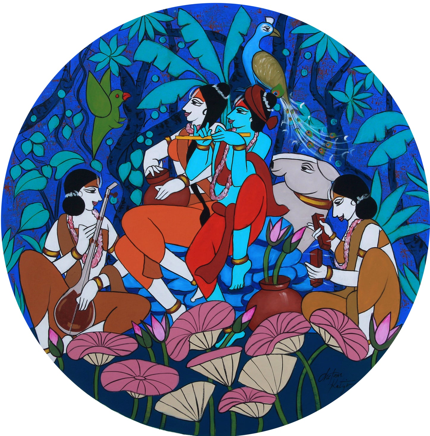 A circular contemporary Indian painting by Chetan Katigar titled Beloved, showing Radha and Krishna in the center with a flute, surrounded by Gopis, a cow, and a peacock against a deep blue background.