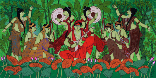 A large horizontal painting by Chetan Katigar titled Celebration, showing a group of Indian musicians and dancers in red and brown robes playing instruments in a green forest with lotuses in the foreground.