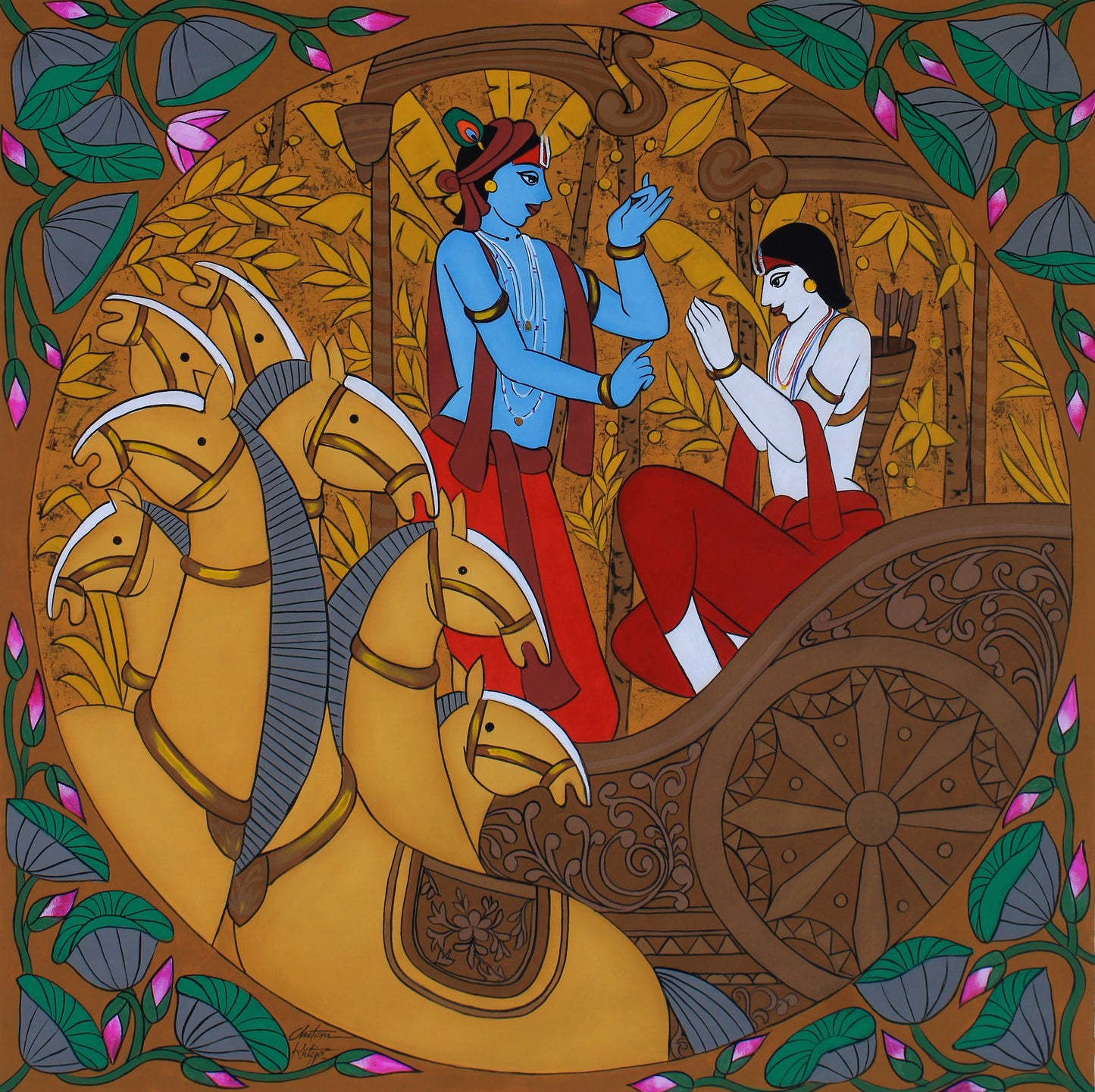 Original painting by Chetan Katigar titled Seven Horse (Parth Sarthi) featuring Lord Krishna and Arjuna on a chariot with seven yellow horses and lotus borders.