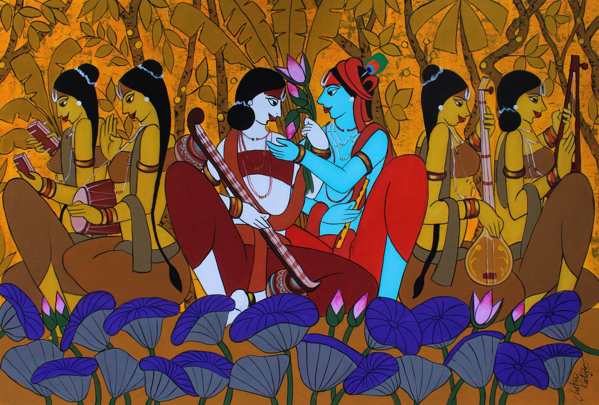 A large horizontal painting by Chetan Katigar titled Spiritual Love, depicting Radha and Krishna in the center surrounded by four Gopis playing instruments against a textured golden forest background.