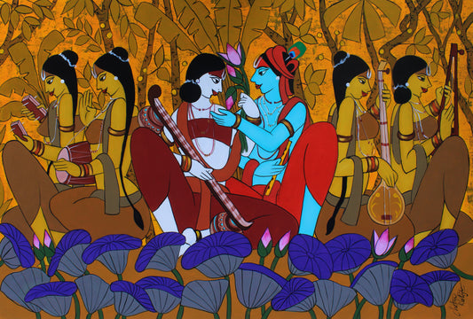 A large horizontal painting by Chetan Katigar titled Spiritual Love, depicting Radha and Krishna in the center surrounded by four Gopis playing instruments against a textured golden forest background.