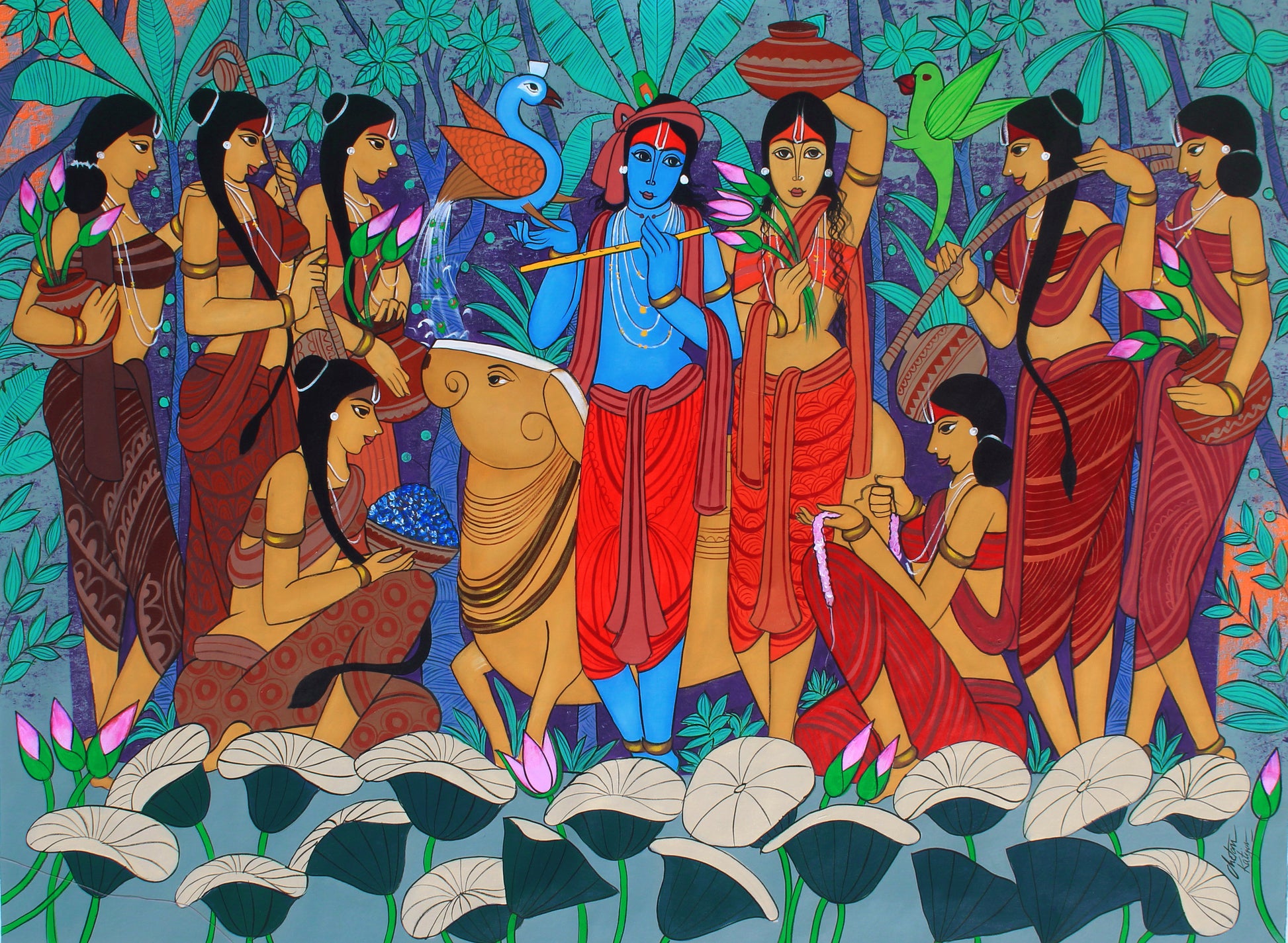 A large-scale contemporary Indian painting by Chetan Katigar titled The Flutist, depicting Krishna in blue playing a flute surrounded by Gopis, a peacock, and a cow in a lush forest.