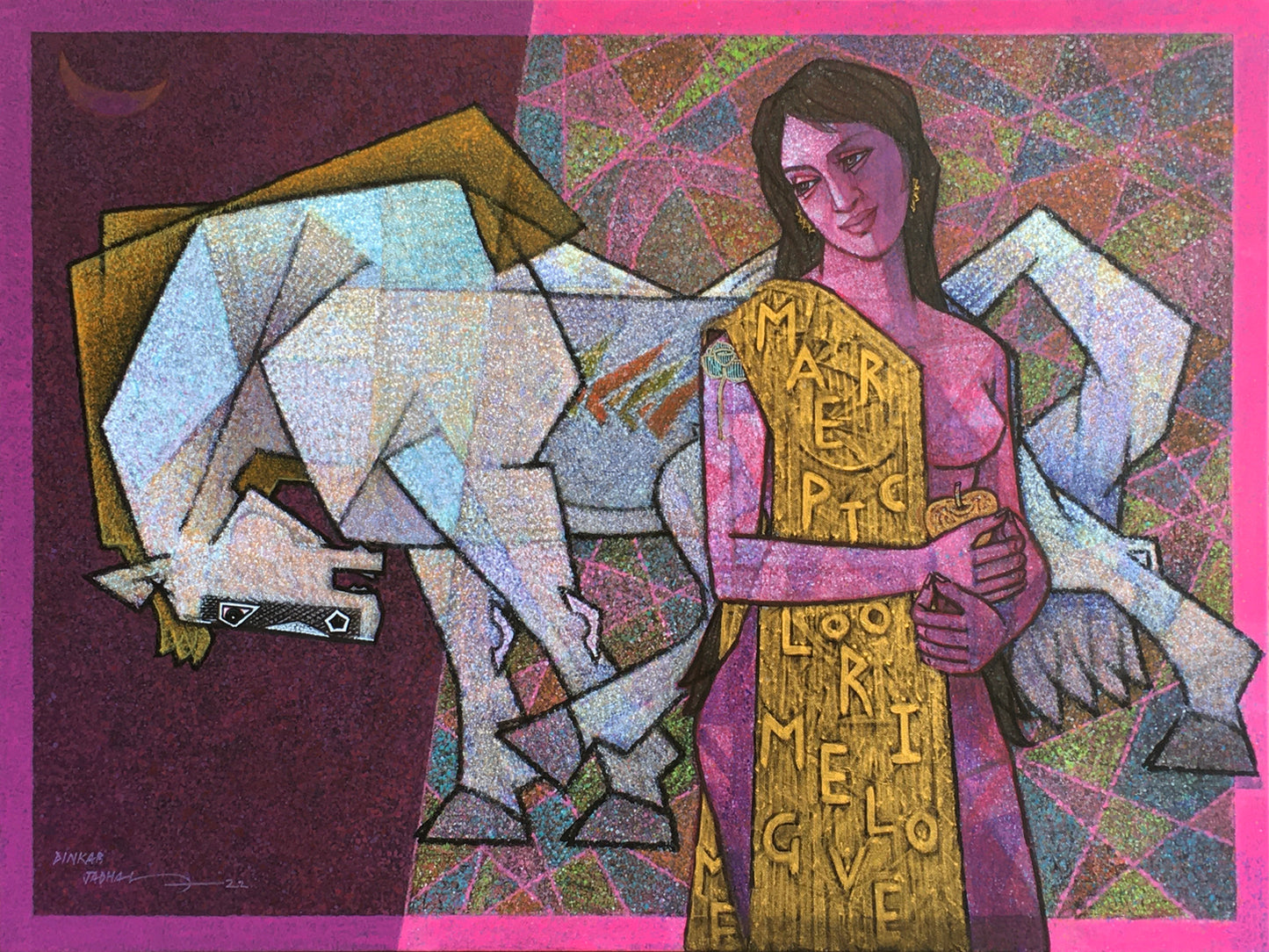 A contemporary figurative painting by Dinkar Jadhav titled 'Ecstasy' featuring a woman in a golden calligraphic stole standing beside a white geometric horse against a magenta background.