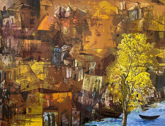 A cityscape painting by Fawad Tamkanat titled Amber Afternoon featuring golden-hued buildings, a blooming tree, and a boat on a blue river