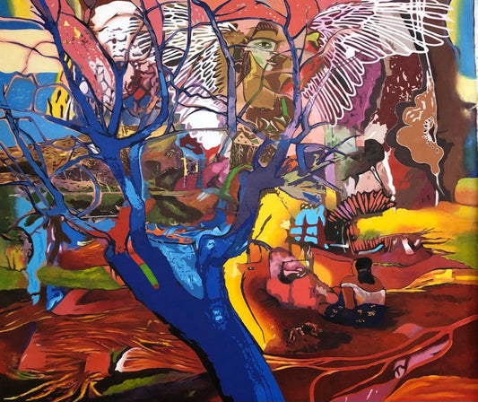 A vibrant contemporary figurative painting by Fawad Tamkanat titled Blue Tree featuring a bold cobalt tree and ethereal figures against a colorful landscape