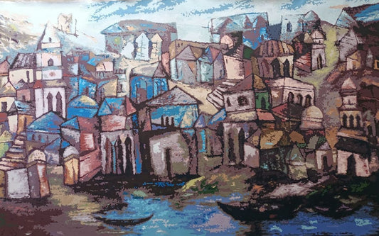 A contemporary cityscape painting by Fawad Tamkanat featuring blue-toned architectural forms, domes, and boats riding at anchor on a river.