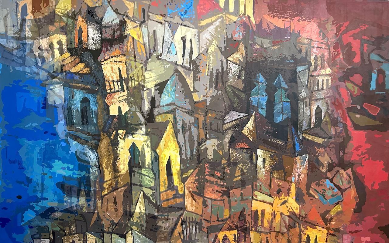 A contemporary cityscape painting by Fawad Tamkanat titled Whispers of the Past, featuring stacked houses and towers in shades of blue, gold, and crimson.