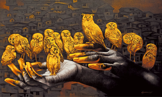 A contemporary acrylic painting by Guru Kinkar titled Light of the Supreme I, showing golden owls perched on large hands against a dark city background.