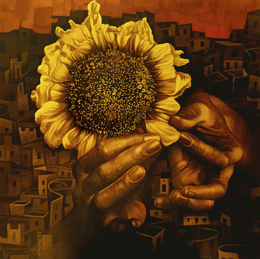 A square acrylic painting by Guru Kinkar titled Light of the Supreme II, featuring a large golden sunflower held by hands over a dark city silhouette.