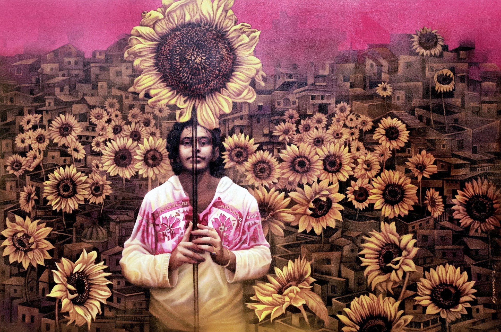 A large contemporary acrylic painting by Guru Kinkar titled Light of the Supreme III, showing a man surrounded by sunflowers against a magenta sky and city background.