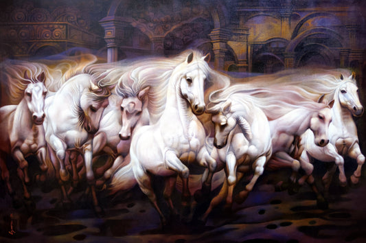 A large-scale horizontal acrylic painting by Guru Kinkar titled Resilience's Embrace, depicting seven white horses running against a dark classical architectural background.