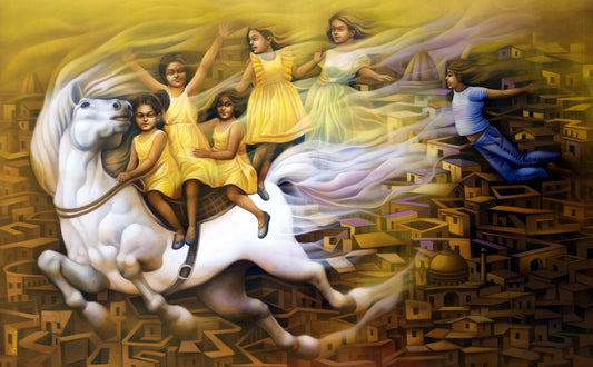 A large-scale acrylic painting titled Wings of Innocence by Guru Kinkar, depicting children riding a white horse over a stylized brown cityscape in a surrealist style.