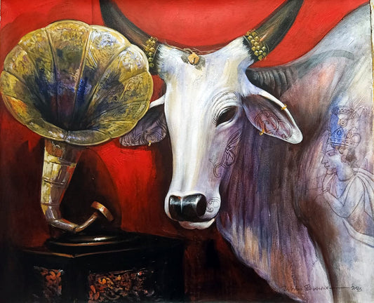 Jiban Biswas contemporary Indian painting featuring a close-up of a white bull with decorated horns next to an antique horn gramophone on a deep red background.