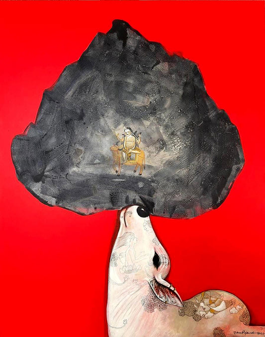 Contemporary Indian painting titled Emotional Attachment by Jiban Biswas, featuring a stylized white bull looking up toward a large black textured cloud containing a miniature icon of Lord Shiva on Nandi, set against a solid red background