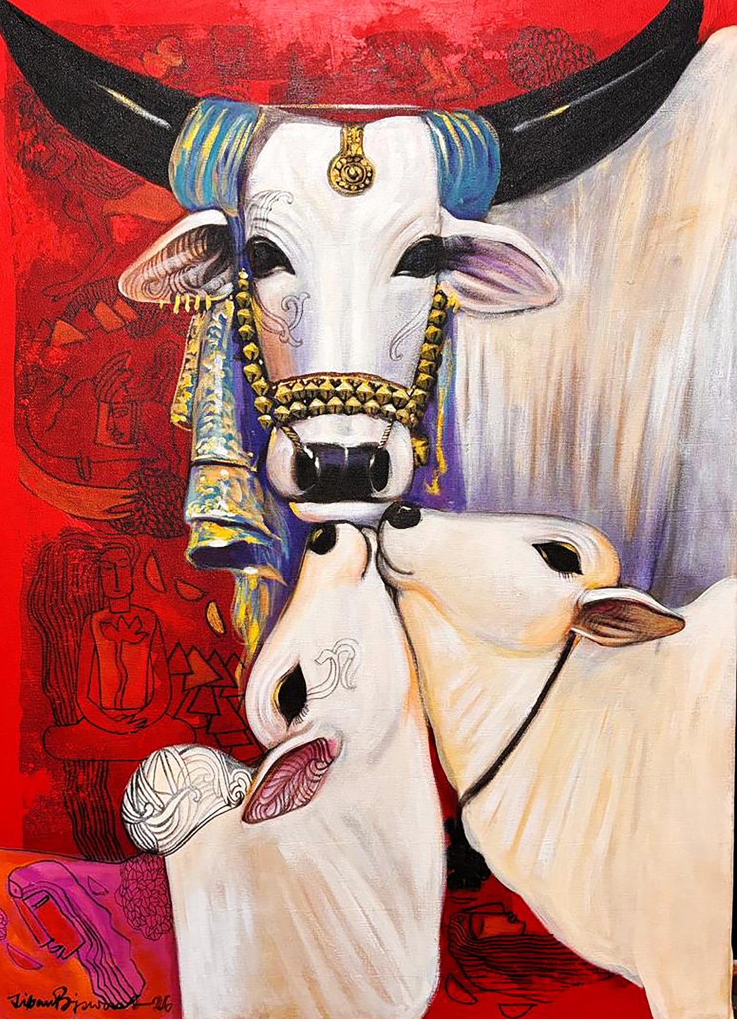 Contemporary Indian painting titled Mother and Daughters by Jiban Biswas featuring a white cow decorated with a blue cloth and gold jewelry looking down tenderly at two small calves against a textured red background