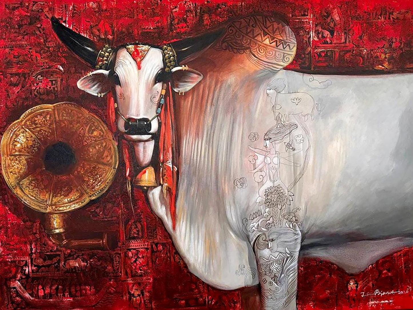 Jiban Biswas contemporary Indian painting titled Nostalgia, featuring a large, majestic white bull with an ornate hump and decorated horns next to an antique brass gramophone horn against a rich, patterned red background.
