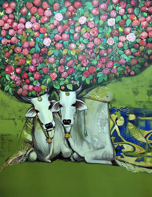 Contemporary Indian painting titled Quality Time by Jiban Biswas, featuring two white cows sitting side-by-side beneath a dense canopy of pink and red roses against a lime green background.