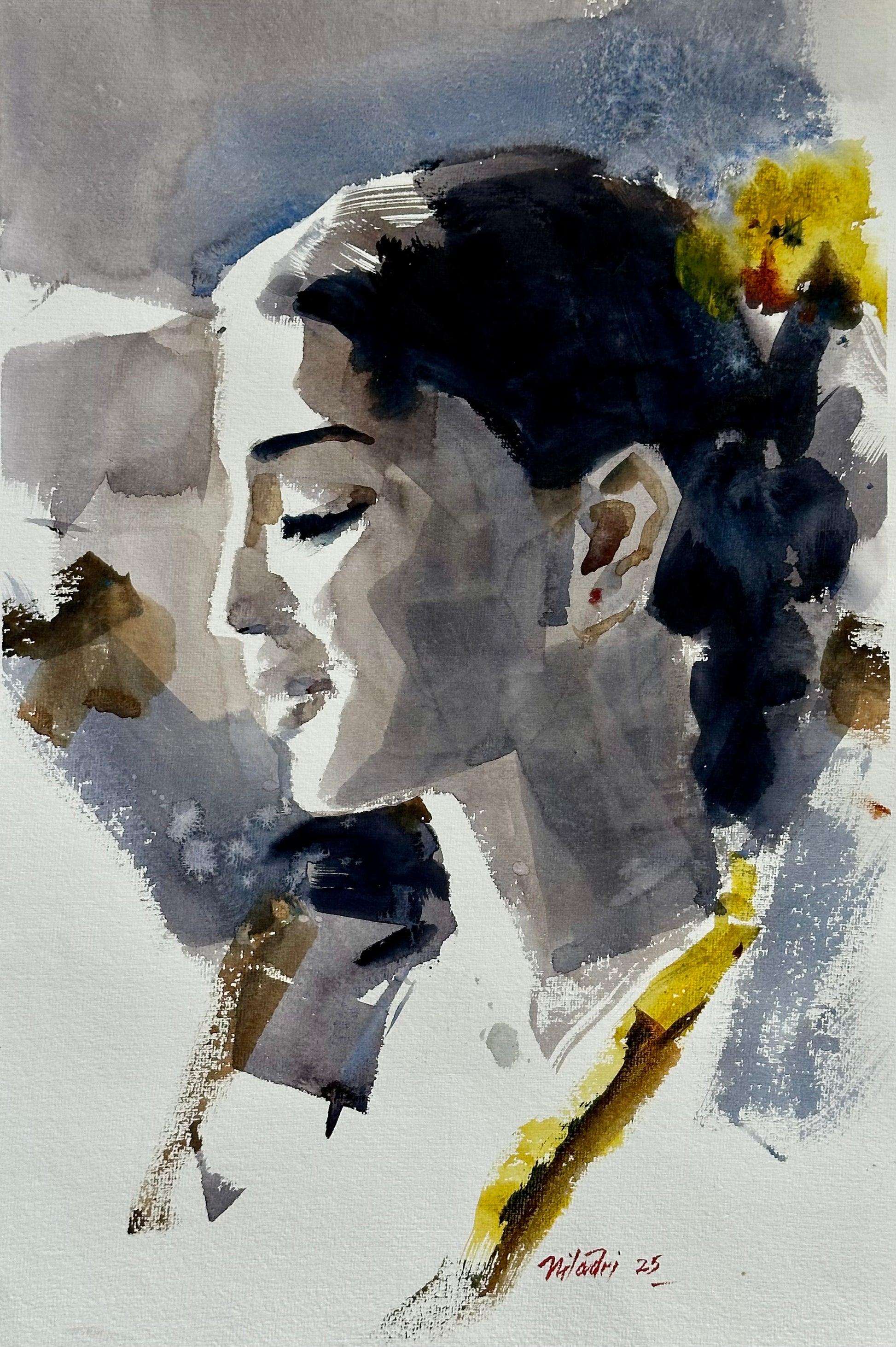 Contemporary figurative painting by Niladri Paul featuring a woman's profile in grey tones with yellow accents, created with rhythmic brushstrokes on paper.