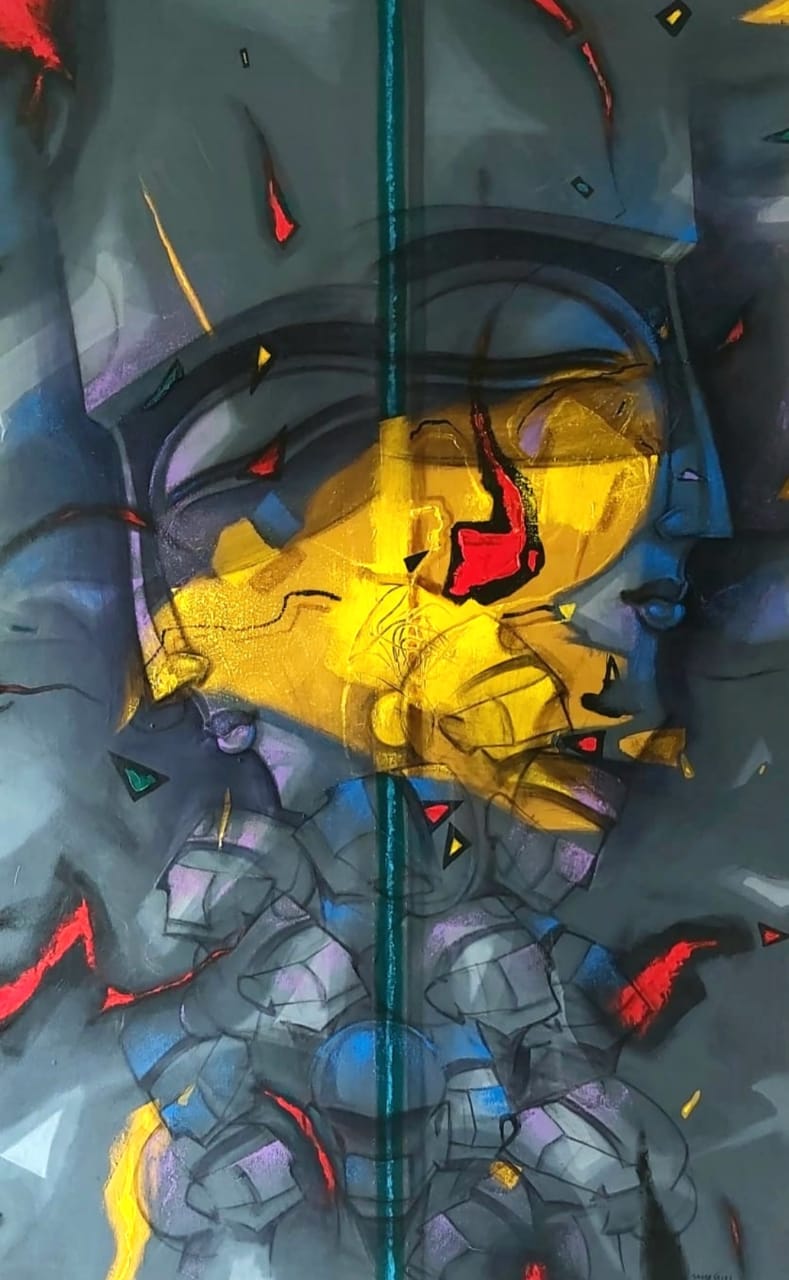 Cubism-influenced figurative acrylic painting of two stylized faces with abstract elements by Nityam Singha Roy