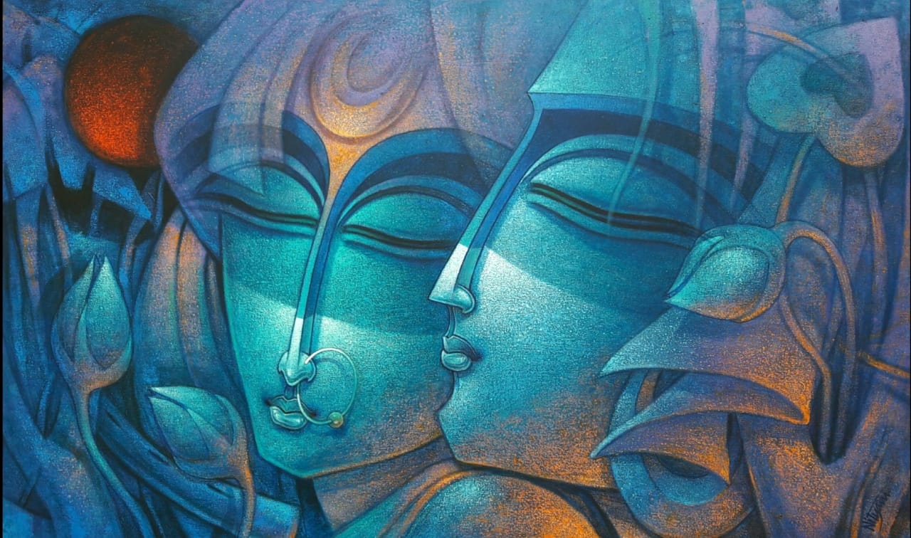 Contemporary figurative acrylic painting of dual faces with floral and moon elements by Nityam Singha Roy